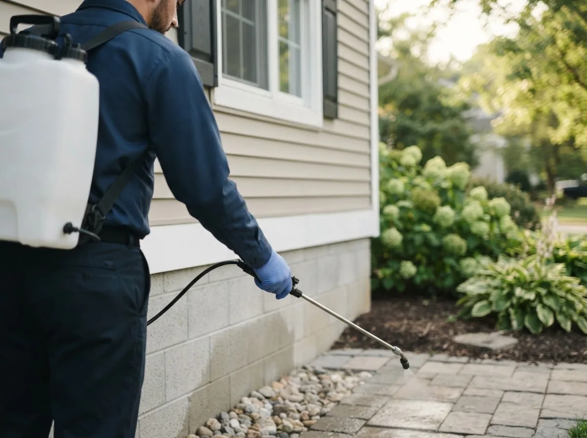 Pest control technician inspecting a home in Peninsula, OH